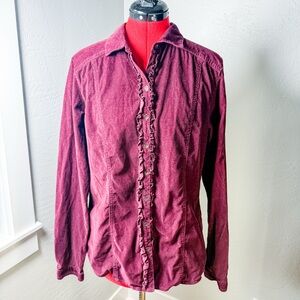 Eddie Bauer Deep Burgundy Artsy Corduroy Ruffle Button Front Shirt Size L
